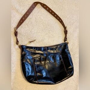 HOBO Black patent Leather Shoulder Bag with Brown adjustable Strap